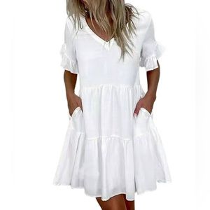 Walmart Sexy Casual Dress Short Sleeve V Neck Pockets, Ruffle Baby Doll Dress L